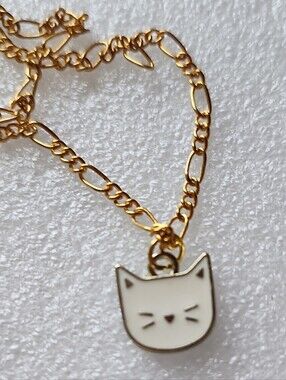 Hand Crafted Gold Bracelet / Anklet with White Cat Face Charm